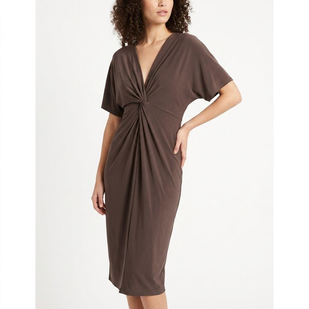 Twist-Detail Midi Dress in Brown